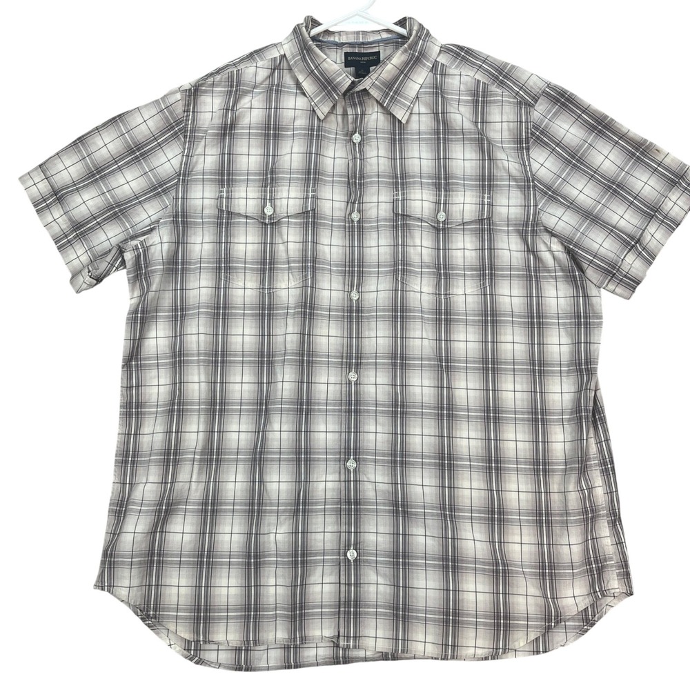 Banana Republic XL Mens‎ Short Sleeve Plaid Button Up Shirt Casual Brown White